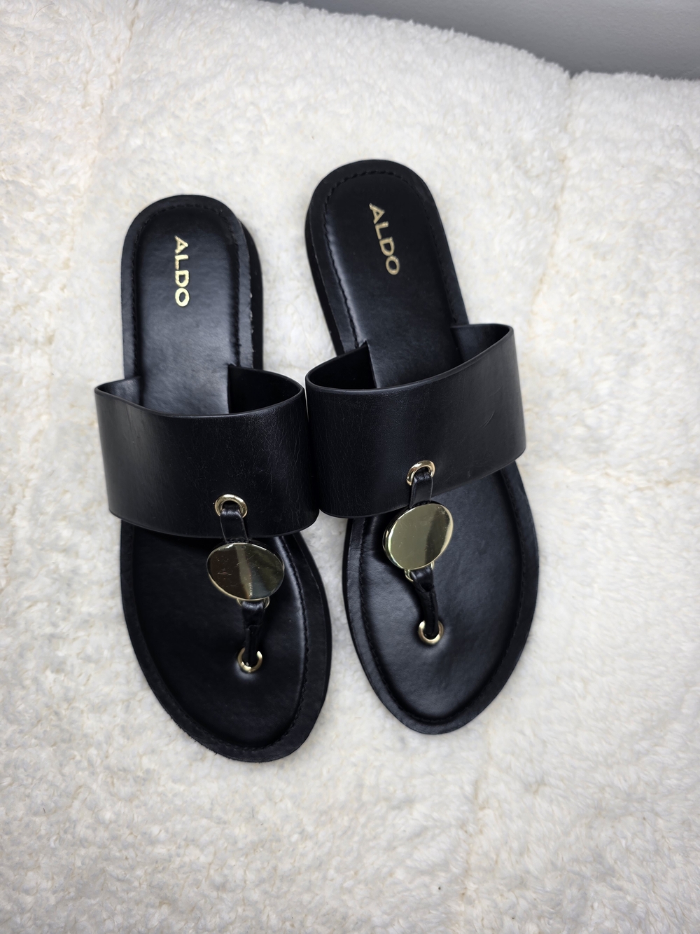 Aldo Black Leather Slide Sandals with Gold Disc Accent